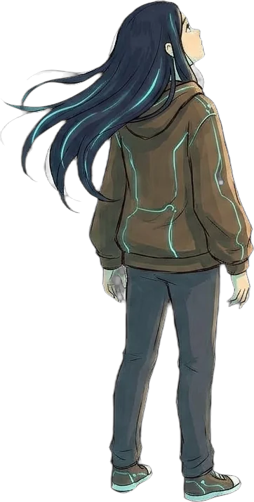 Hikari seen from behind, facing the horizon
