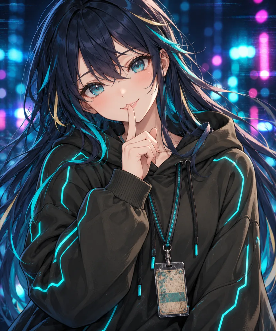 Hikari smiling with a finger to her lips